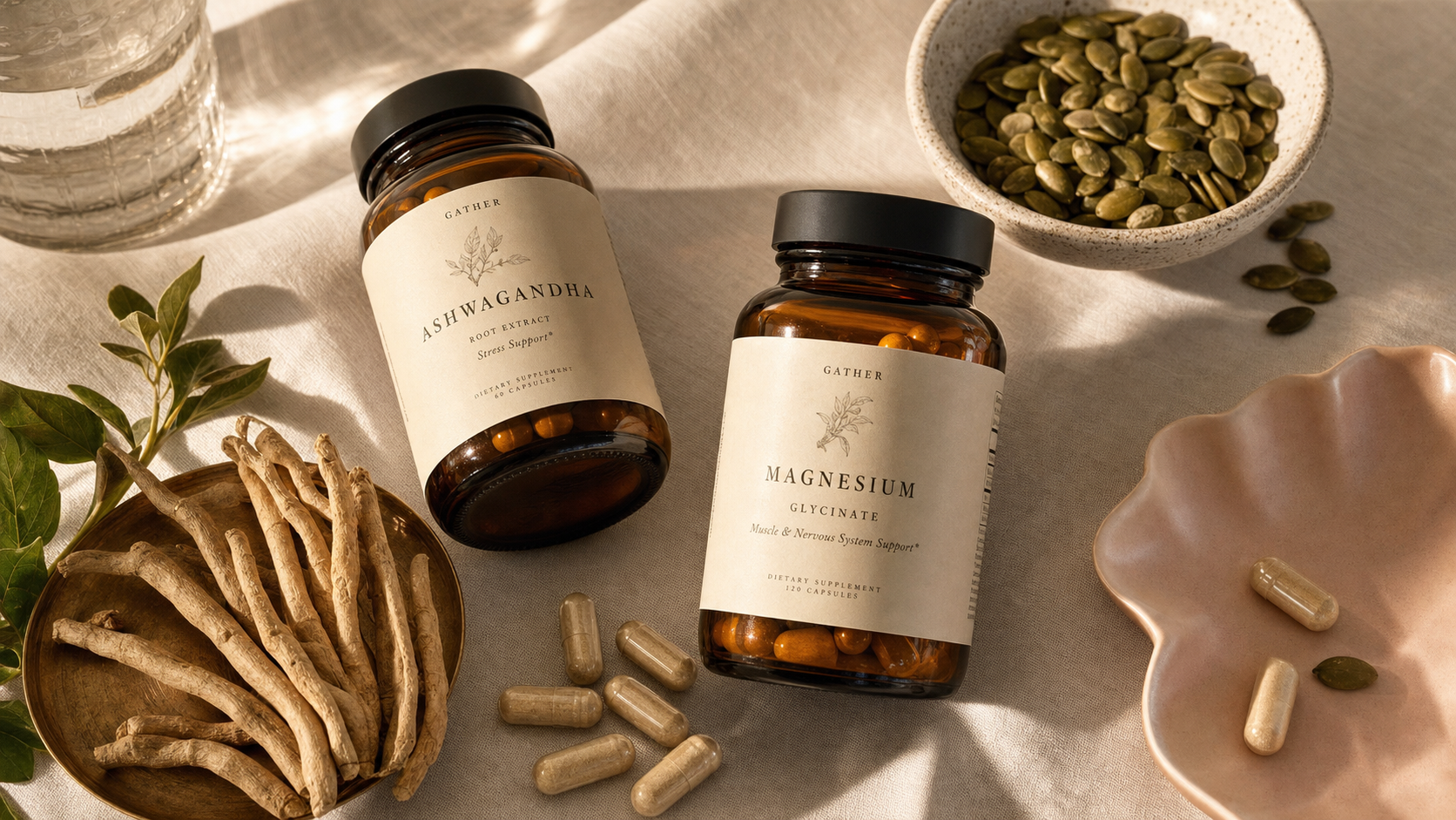 Women's hormonal health supplements on a linen surface