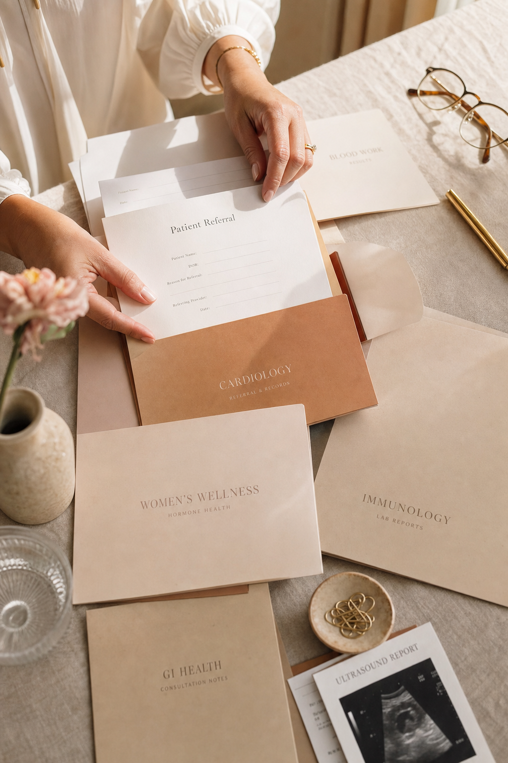 A woman sorting through separate specialist referral folders representing fragmented women's healthcare